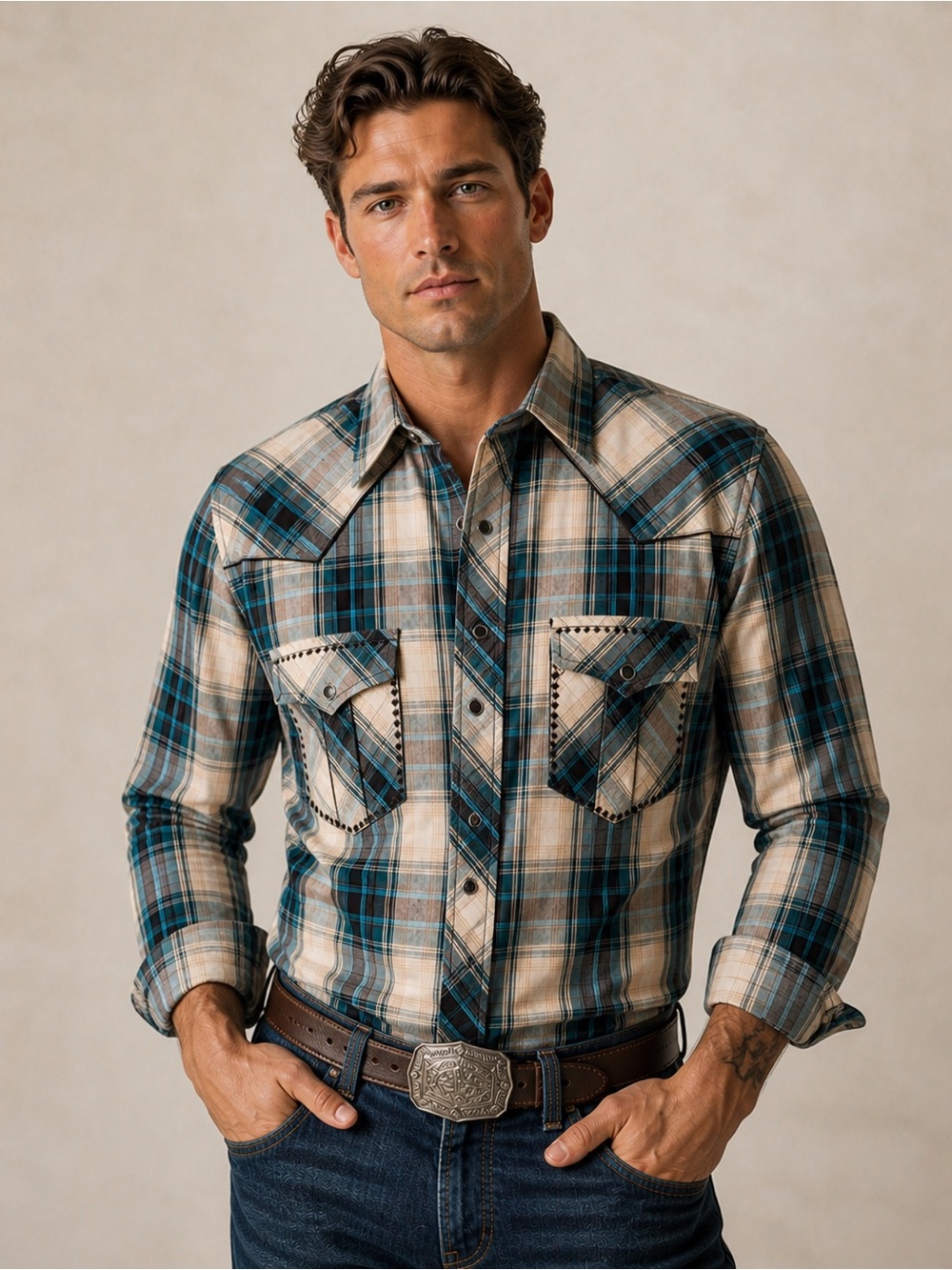 Cowboy Collection Lammles Men’s Pearl Snap Plaid Western Shirt 100% Cotton Large